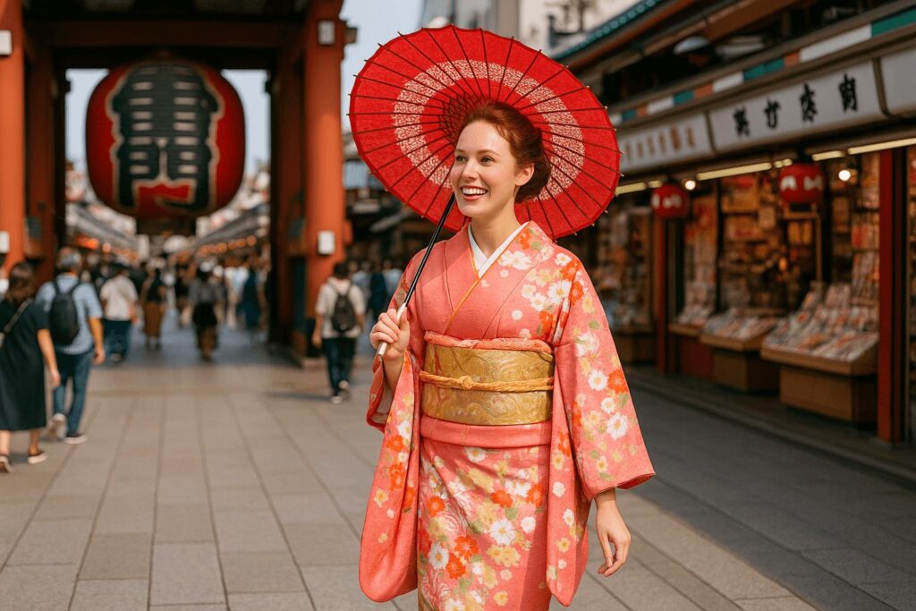 Foreign tourist wearing a kimono and walking in Asakusa near Sensoji Temple in Tokyo