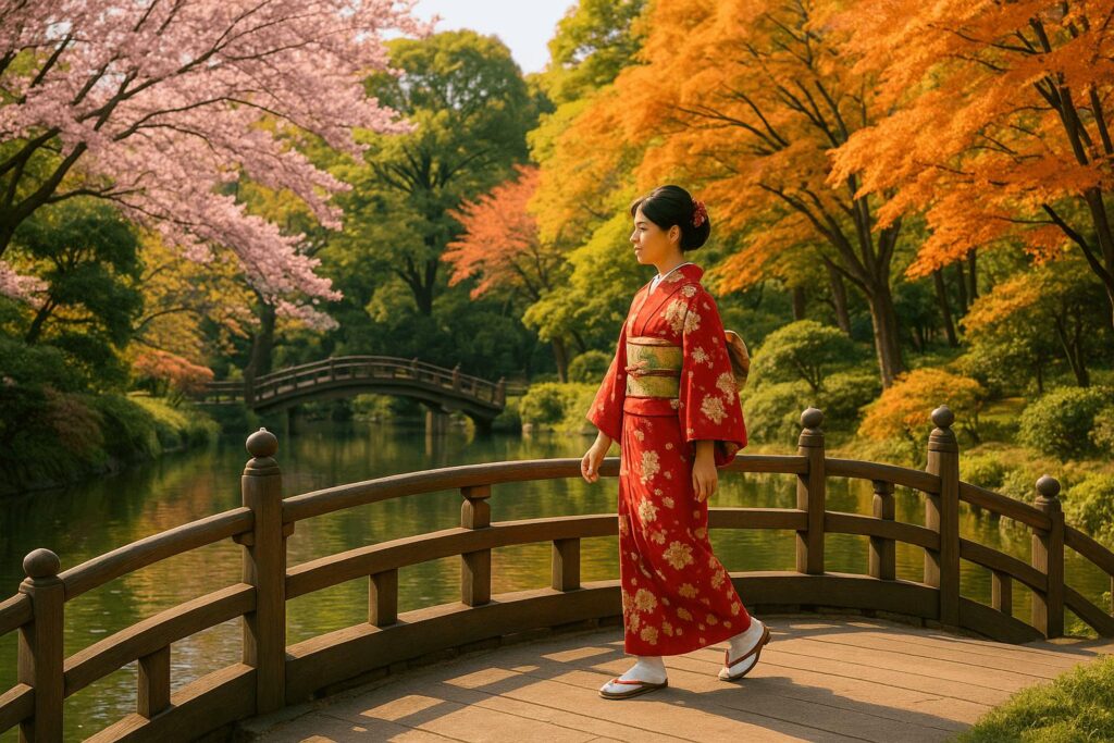 Kimono-clad woman walking in Ueno Park surrounded by seasonal trees and a traditional pond