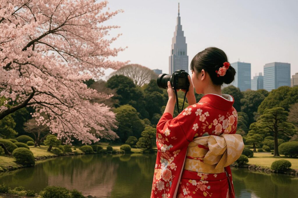 Tourist in kimono taking photos in Shinjuku Gyoen garden with Tokyo skyscrapers in the background