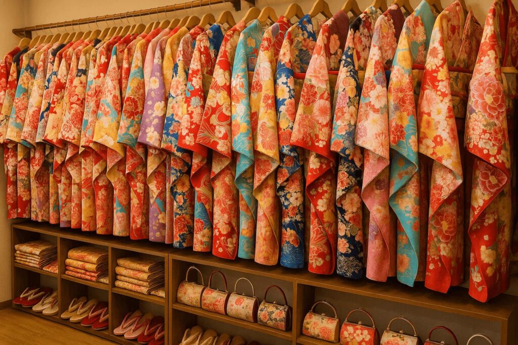 Interior of a kimono rental shop in Tokyo with colorful kimonos and traditional accessories on display