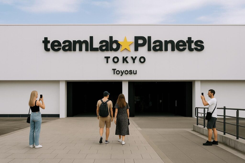 The modern exterior of TeamLab Planets with the museum name clearly visible. A few foreign visitors are seen walking in or taking photos near the entrance.