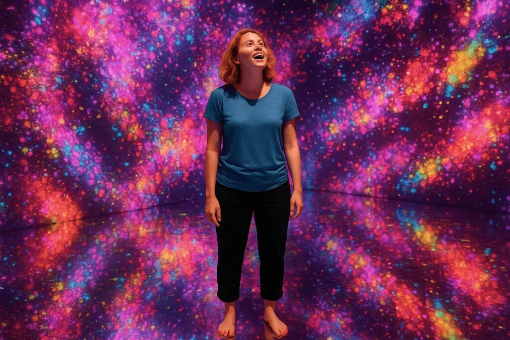 A barefoot visitor (foreigner) standing in a colorful, interactive room filled with light projections and reflections. The person looks mesmerized or joyful.