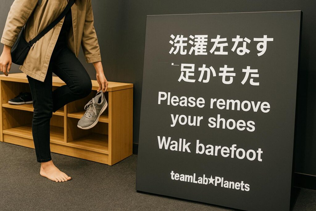 A visitor taking off shoes at the entrance to the exhibit, with visible instructions in English and Japanese about barefoot entry or mirrored floors.