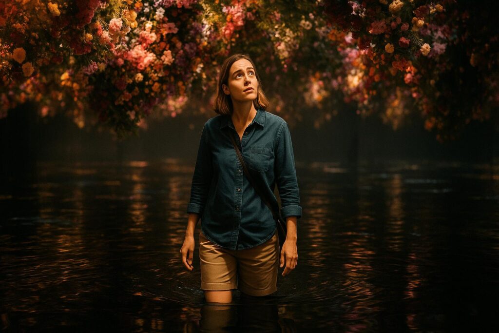 A person or family walking through one of the more mysterious exhibits (e.g., water room or flower room), suggesting questions or surprises.