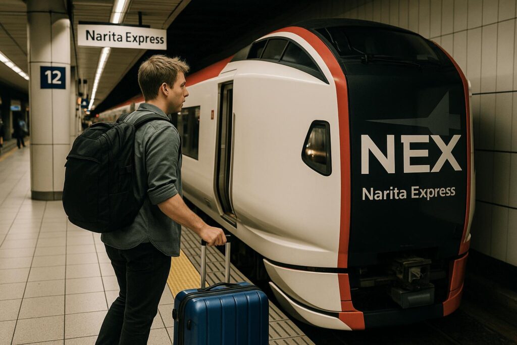 A traveler boarding the Narita Express (N'EX) train at a Tokyo station platform
