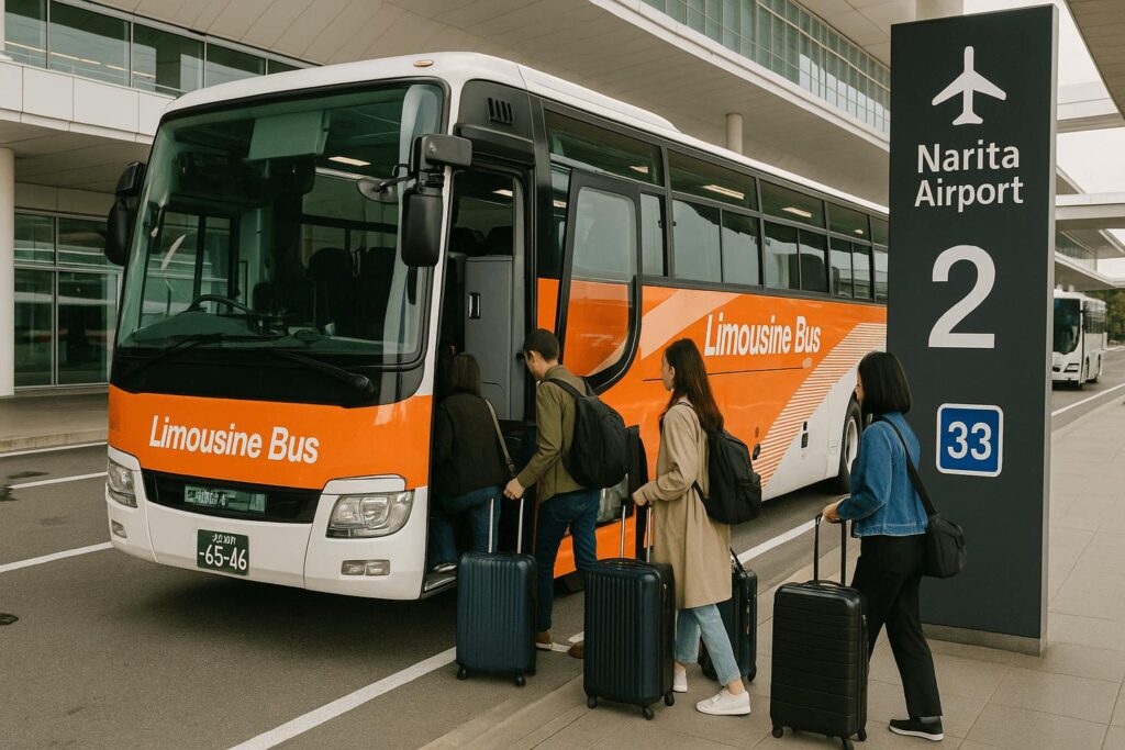 A bus labeled “Limousine Bus” is parked near a terminal. Travelers with suitcases are boarding the bus. Include Narita Airport signage if possible.