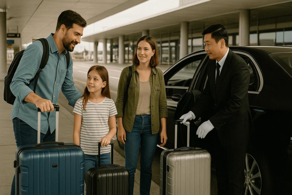 A family of travelers with luggage is being helped into a van or sedan near the curbside. The car should look like a private airport transfer.