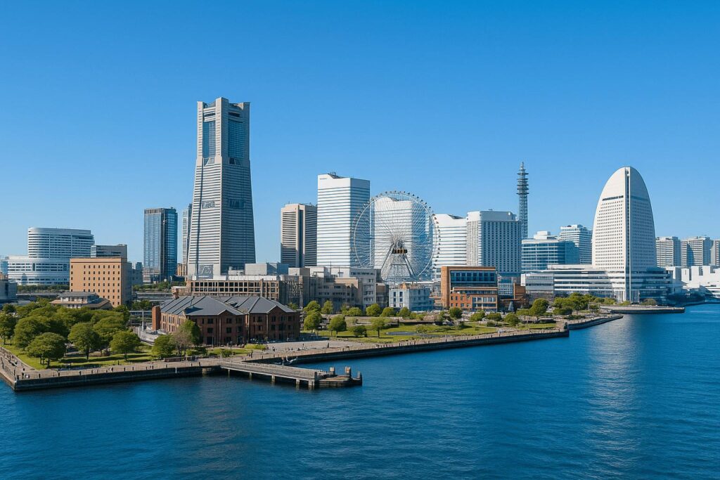 Yokohama skyline with bay and Ferris wheel on a sunny day