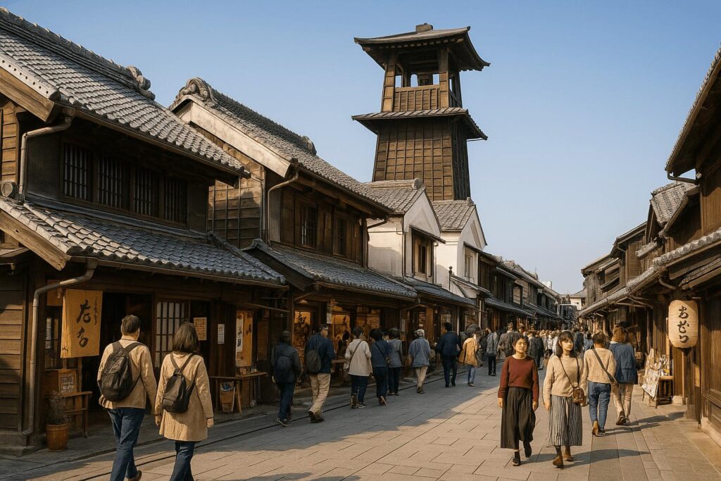 Historic Edo-style shopping street in Kawagoe, Japan with traditional wooden buildings