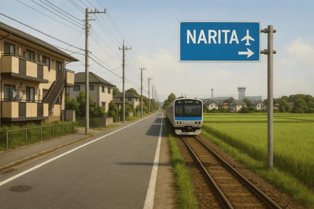 Train heading toward Narita Airport with sign and countryside scenery in Japan