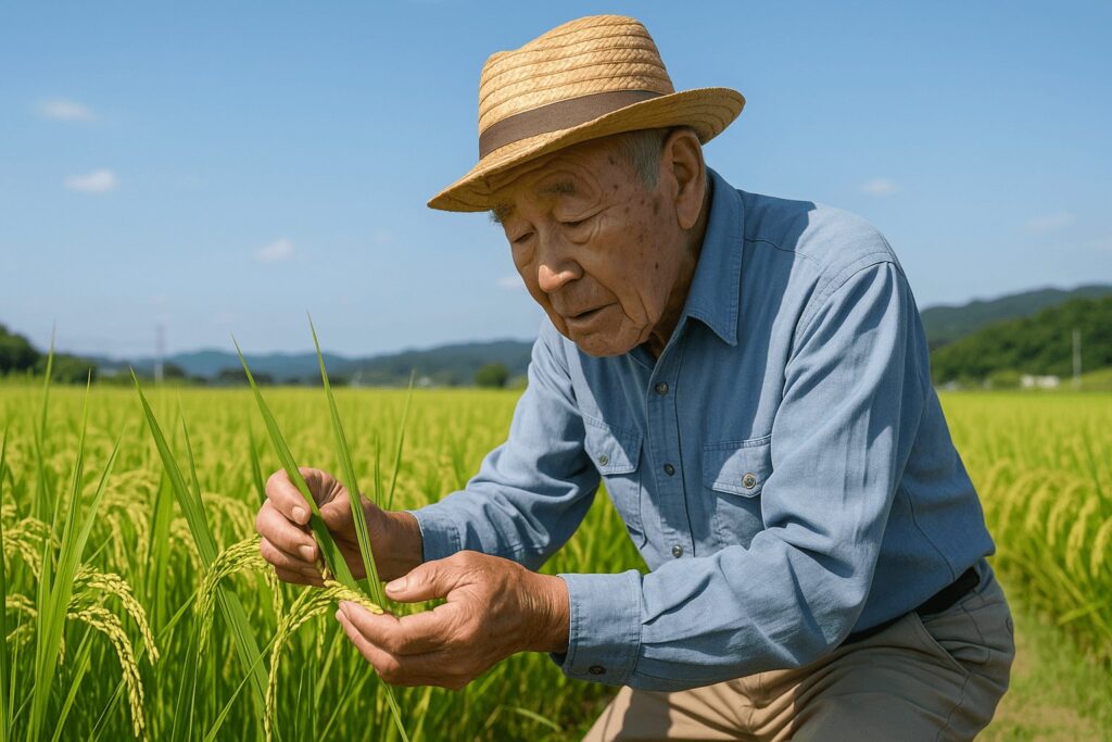 Elderly Japanese farmer inspecting rice plants in a sunny paddy field