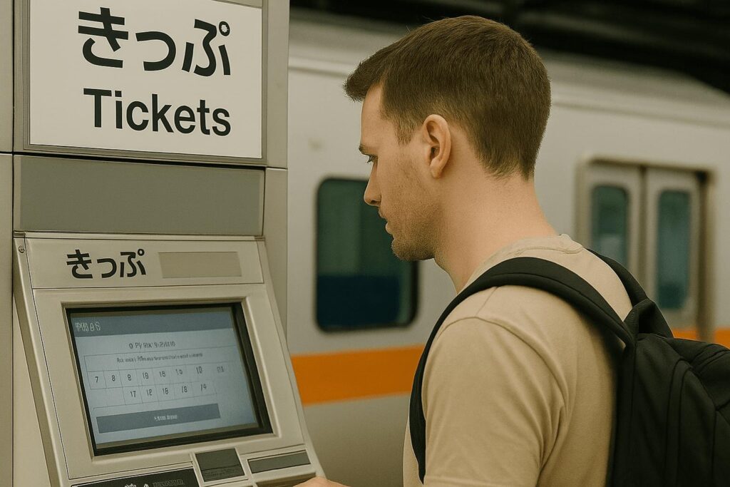 A tourist is using a bilingual ticket machine, with visible Japanese and English signs. Background shows a simple, budget-friendly train.