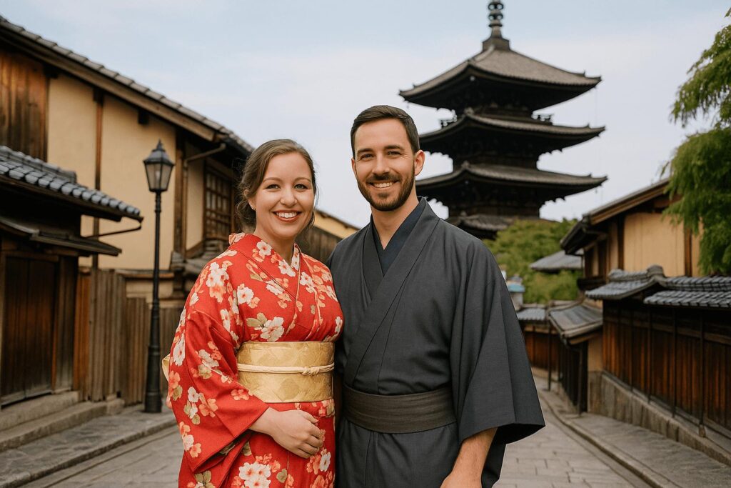 Foreign couple in traditional kimonos posing for a photo in a scenic Japanese street in Tokyo