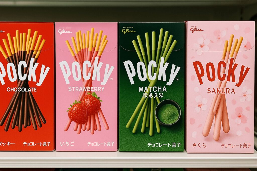 Various Pocky flavors including chocolate, strawberry, and matcha on display in Japan