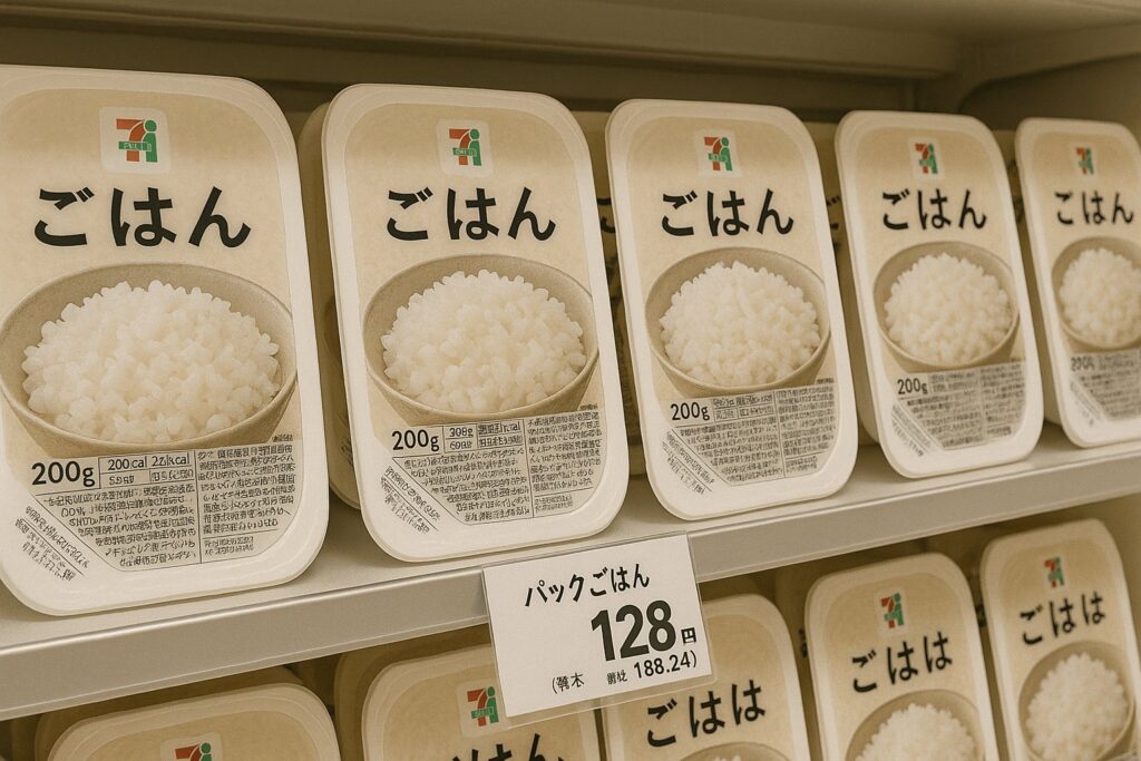 Microwavable rice packs on a shelf at a Japanese convenience store with visible price tags