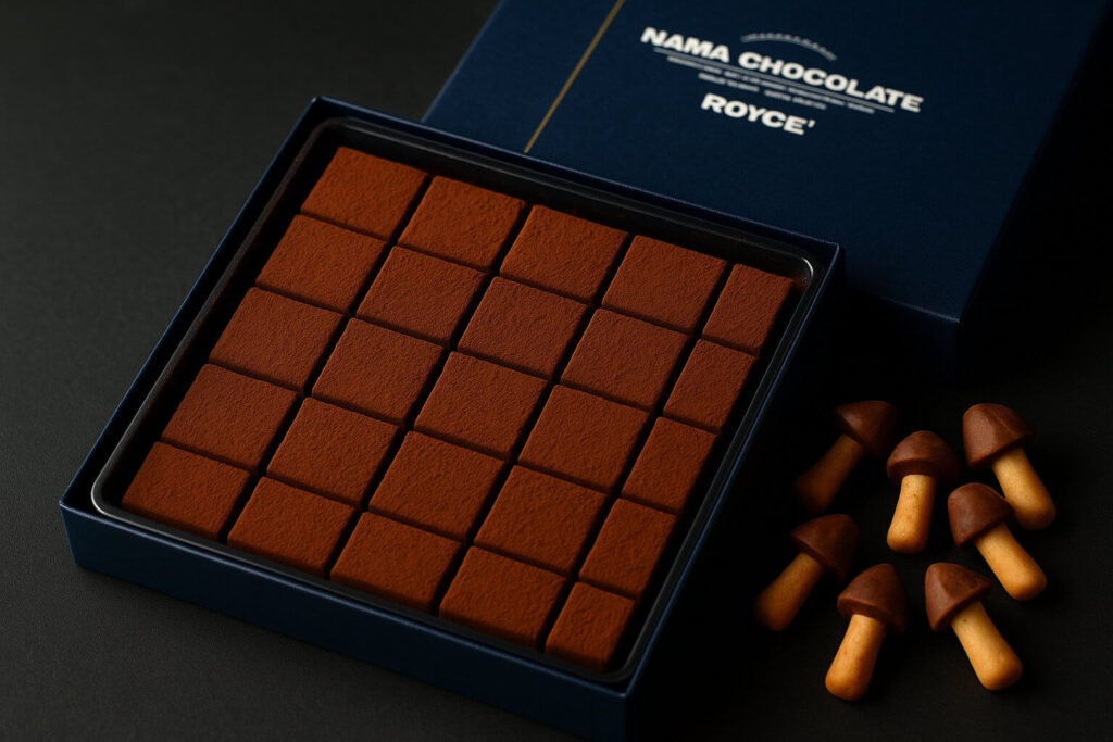 ROYCE' Nama Chocolate neatly arranged in a box with rich cocoa powder on top