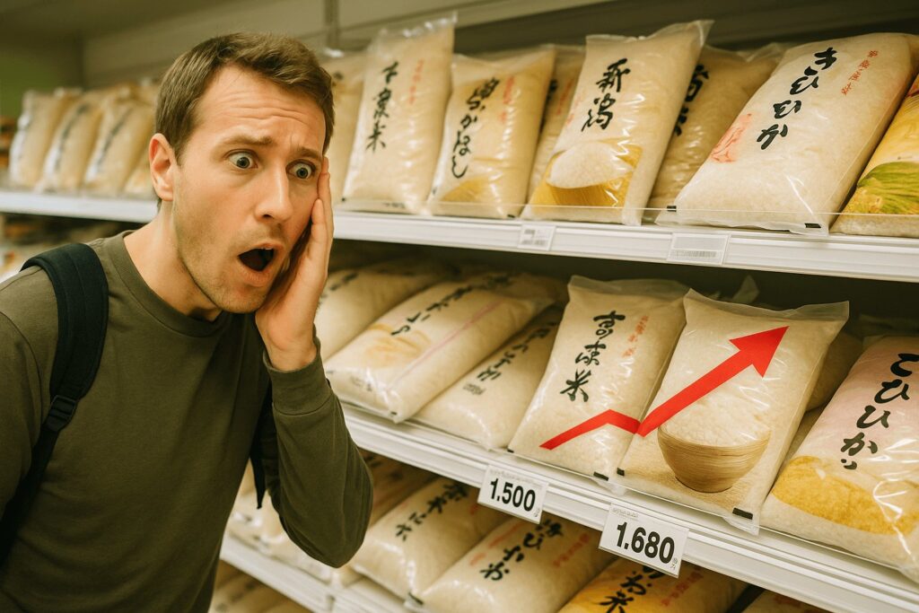 Foreigner in a Japanese supermarket looking surprised at rice prices on the shelf
