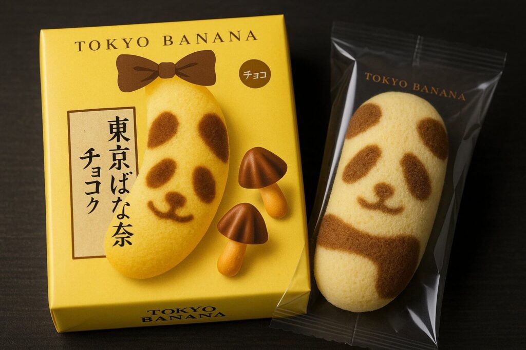 Tokyo Banana chocolate flavor with cute panda packaging and sponge cake partially unwrapped