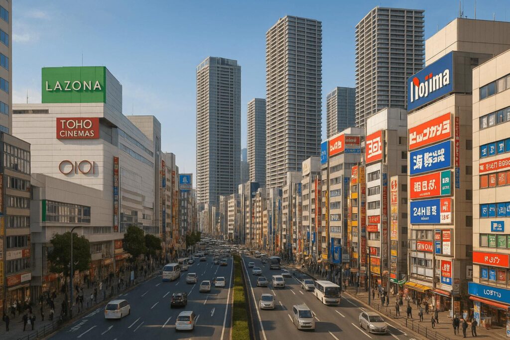 Busy commercial street in Kawasaki with high-rise buildings and Lazona shopping mall signage