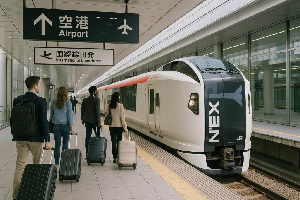 Narita Express train at Narita Airport terminal with international travelers