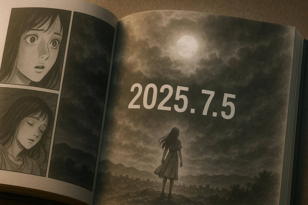 Open manga book showing a mysterious page dated “2025.7.5” that sparked earthquake rumors
