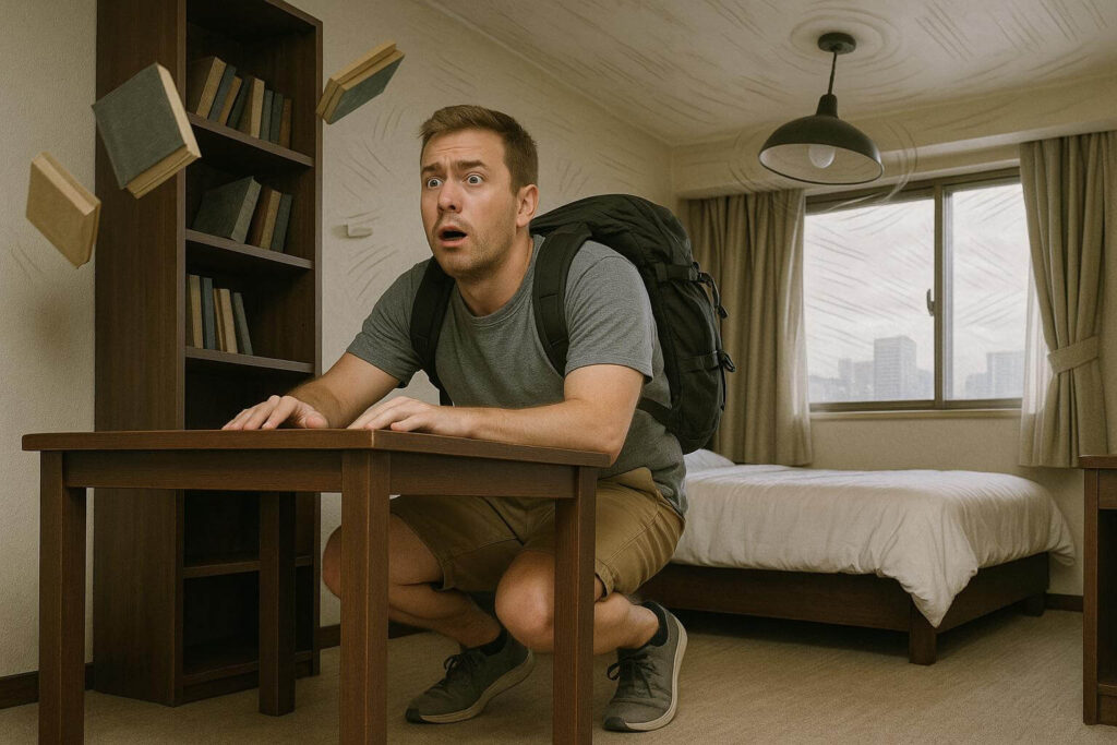 Tourist taking cover under a table during an earthquake in a Tokyo hotel room