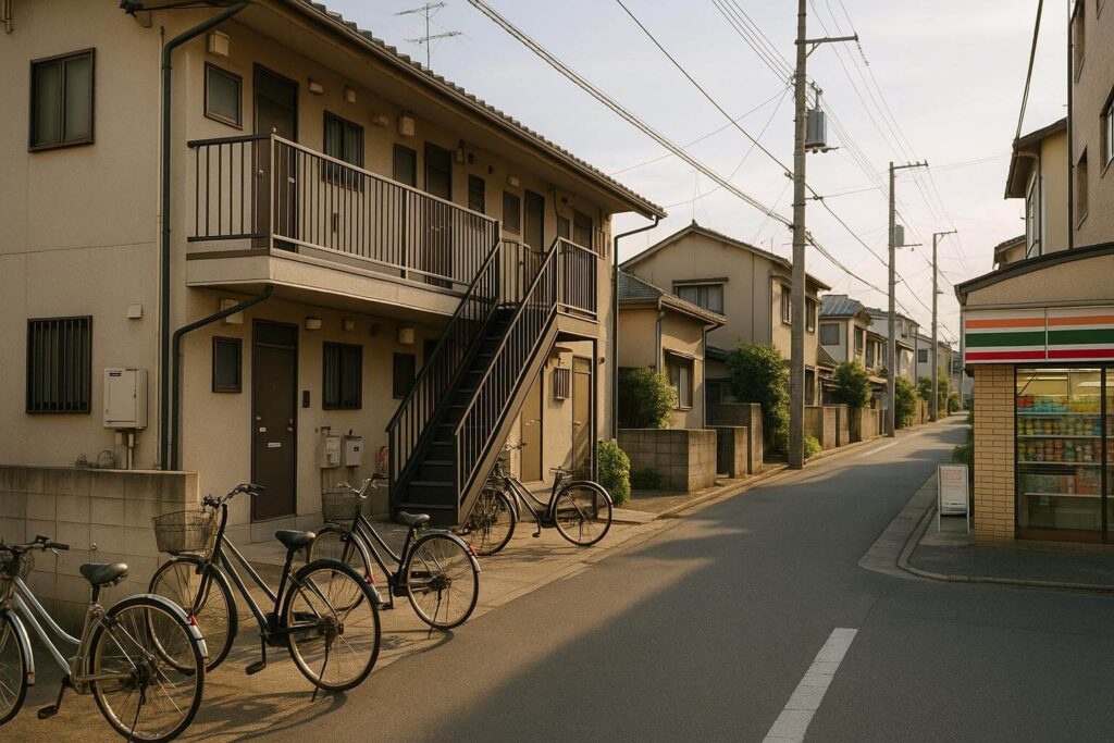 Affordable solo apartment in a quiet Osaka neighborhood with a local store and bike parking