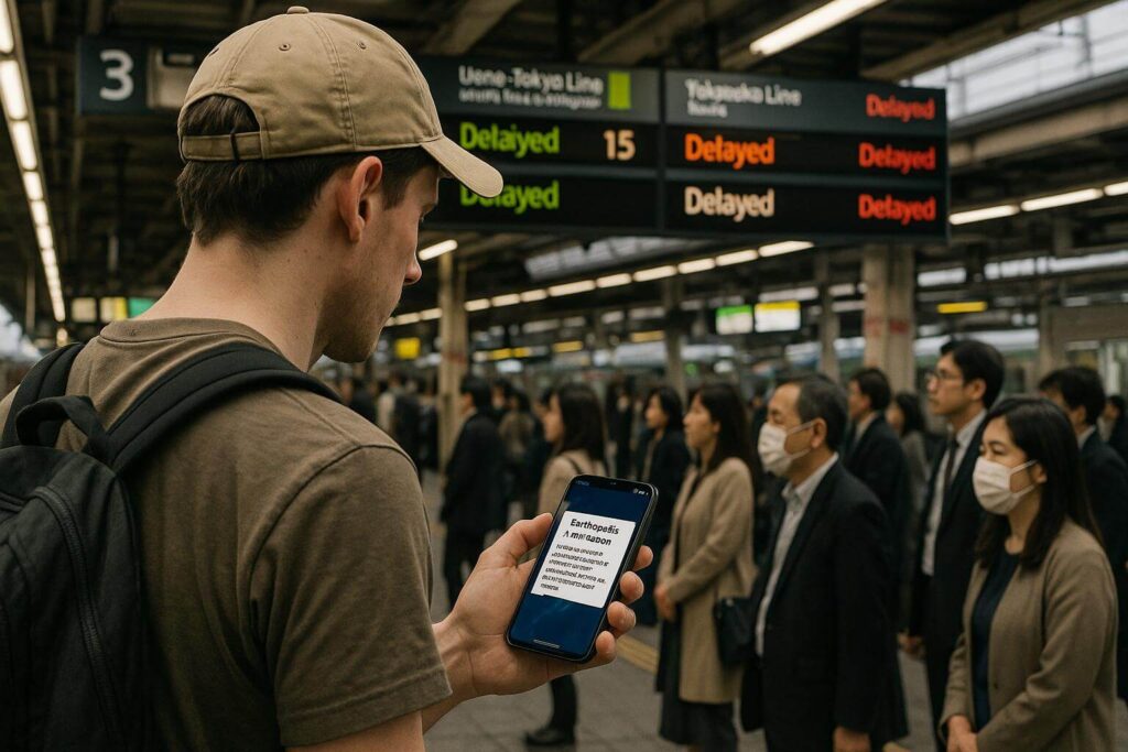 Tourist checking earthquake updates on phone at a Tokyo train station after tremor