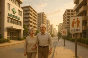 Elderly couple in Japan walking through a modern city affected by the 2025 aging population issue