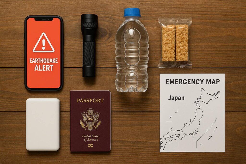 Travel-friendly earthquake safety kit including smartphone alert app, water, snacks, and a passport