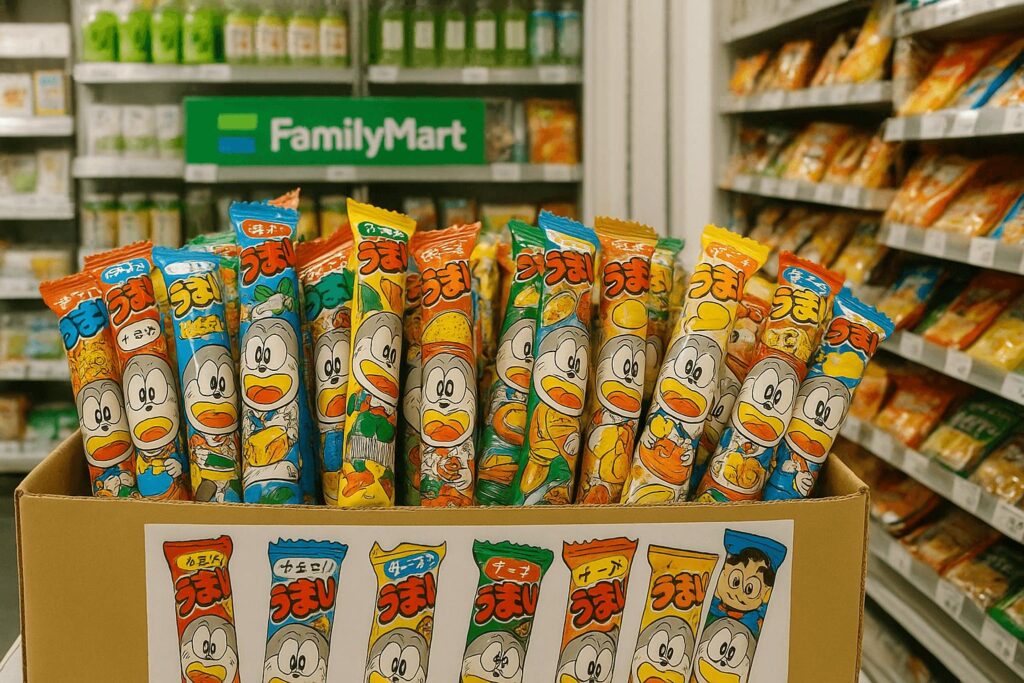“Umaibo corn snacks in assorted flavors at FamilyMart in Japan”