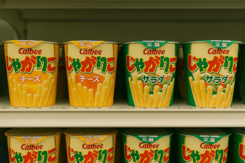 “Jagariko cheese and salad potato stick snacks by Calbee on a shelf”
