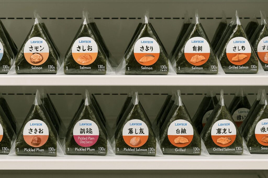 “Assorted Lawson onigiri rice balls including salmon and plum flavors”