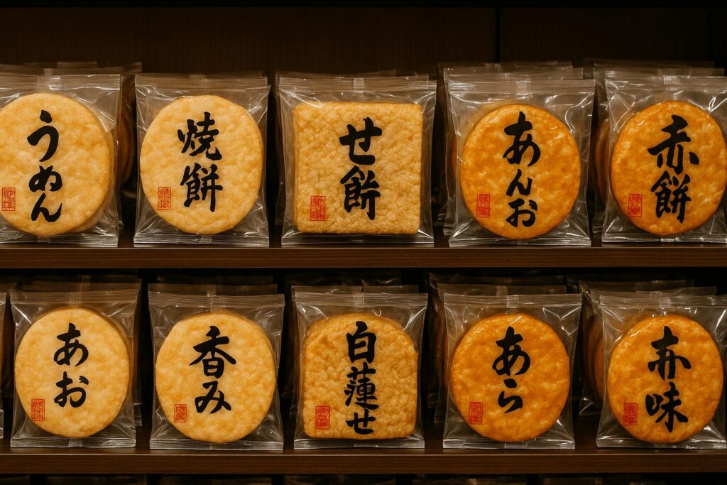 “Traditional Japanese senbei rice crackers in clear packaging with kanji labels”