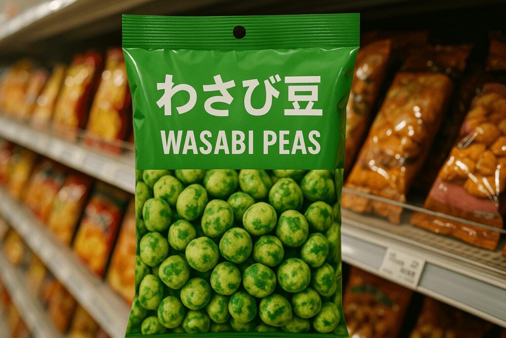 “Bag of wasabi peas with Japanese and English labeling on a snack shelf”