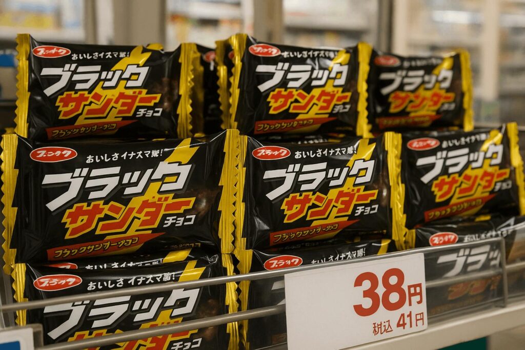 “Black Thunder chocolate bars with price label in a Japanese convenience store”