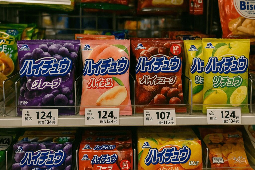 “Hi-Chew candy packs in flavors like grape, peach, and lemon on a store shelf”