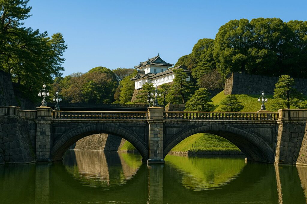 Nijubashi Bridge and Tokyo Imperial Palace with moat on a sunny day
