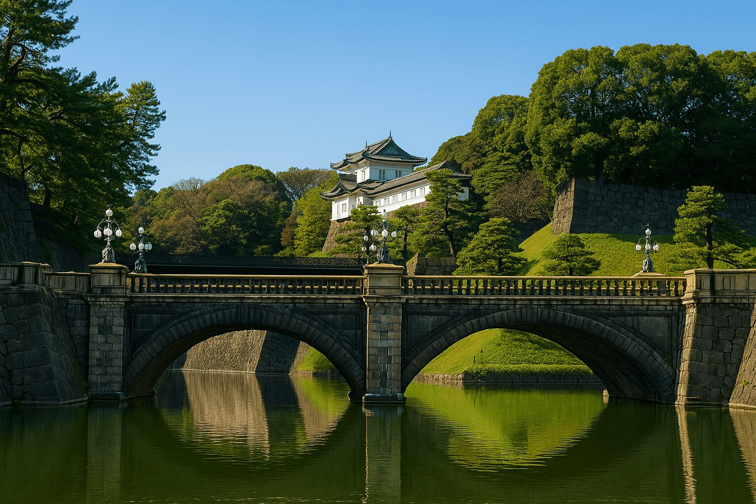 Nijubashi Bridge and Tokyo Imperial Palace with moat on a sunny day