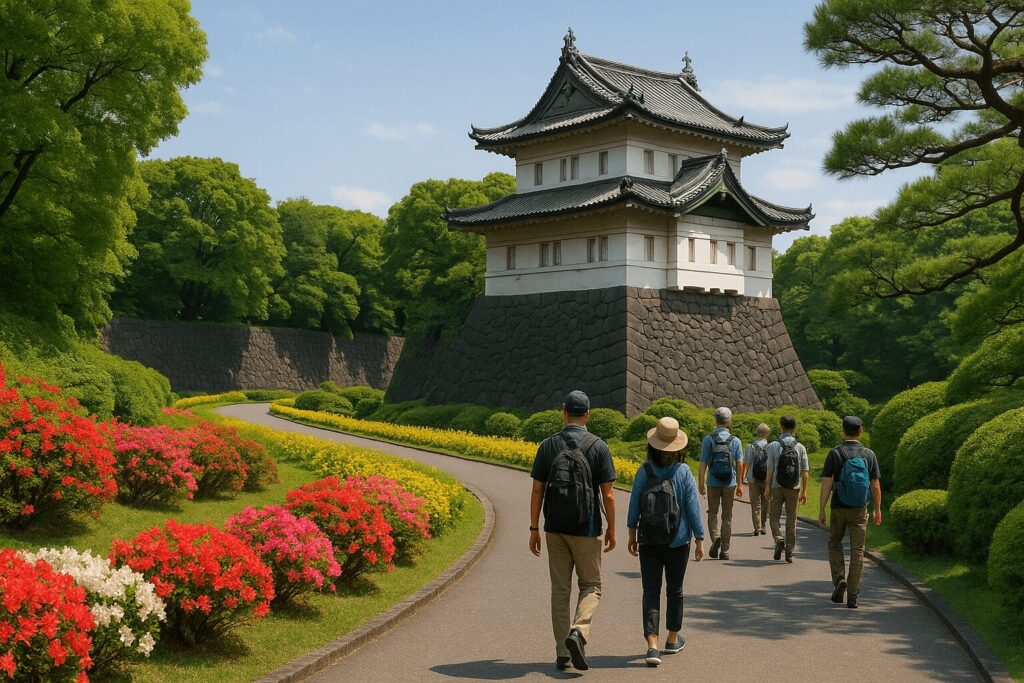 Tourists walking through the East Gardens of Tokyo Imperial Palace near Fushimi Yagura tower