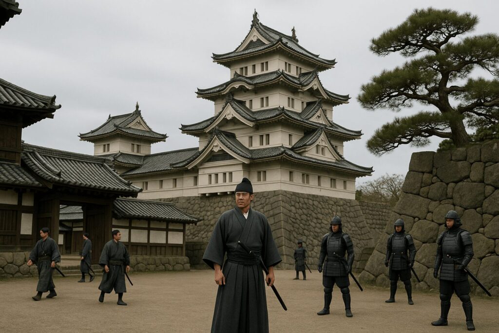 Illustration of Edo Castle during the Tokugawa period with samurai and traditional architecture