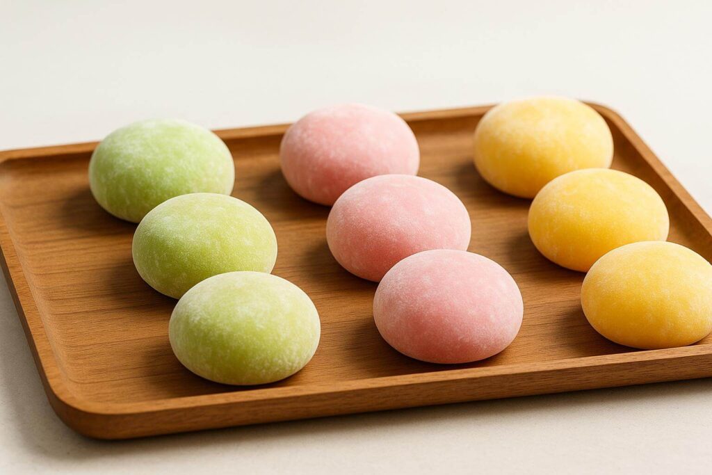 Assorted mochi ice cream in matcha, strawberry, and mango flavors on a tray