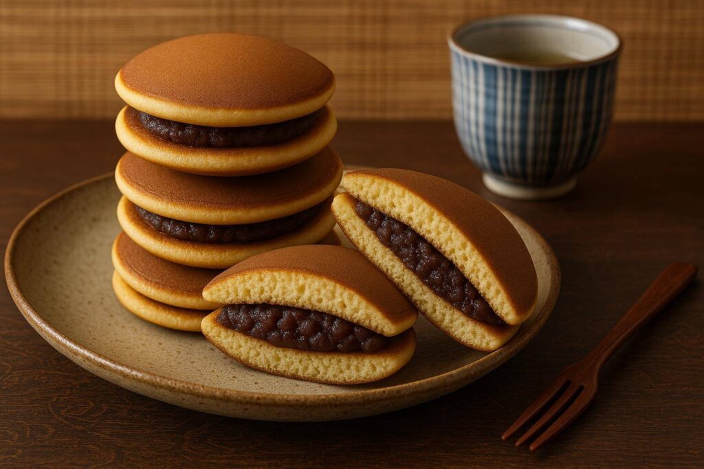 Traditional Japanese dorayaki with red bean filling on a plate