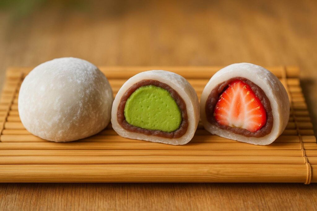 Variety of daifuku mochi including matcha and strawberry flavors