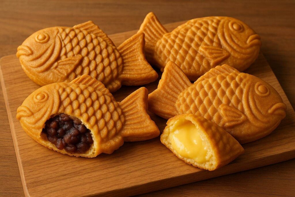 Fish-shaped taiyaki pastries with sweet fillings like custard and red bean