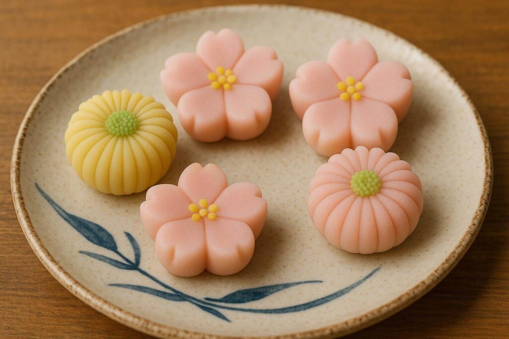 Colorful nerikiri wagashi shaped like Japanese seasonal flowers