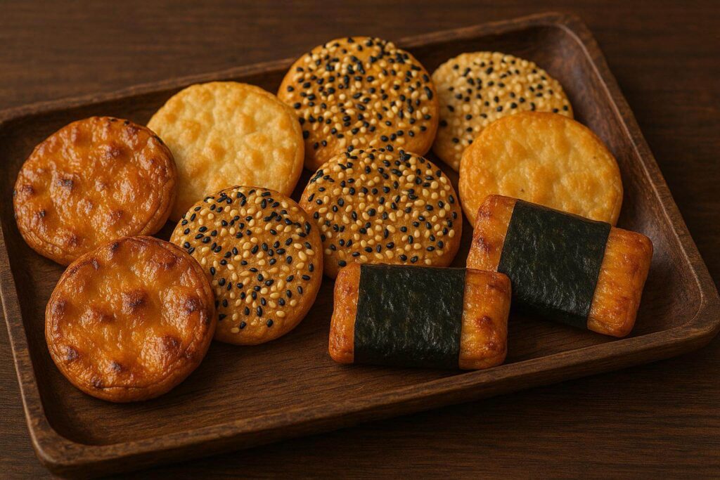 Assorted Japanese senbei rice crackers with soy sauce and seaweed