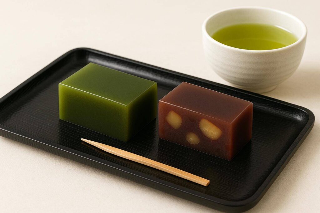 Slices of yokan bean jelly with matcha and chestnut flavors
