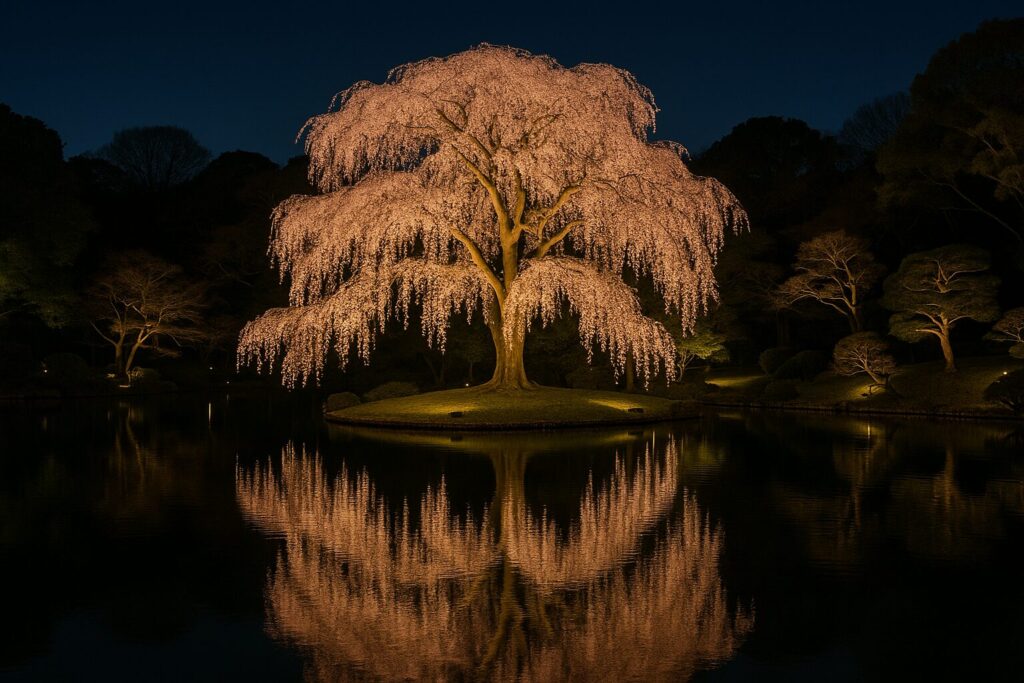 Illuminated weeping cherry tree at Rikugien Garden reflected in a traditional Japanese pond