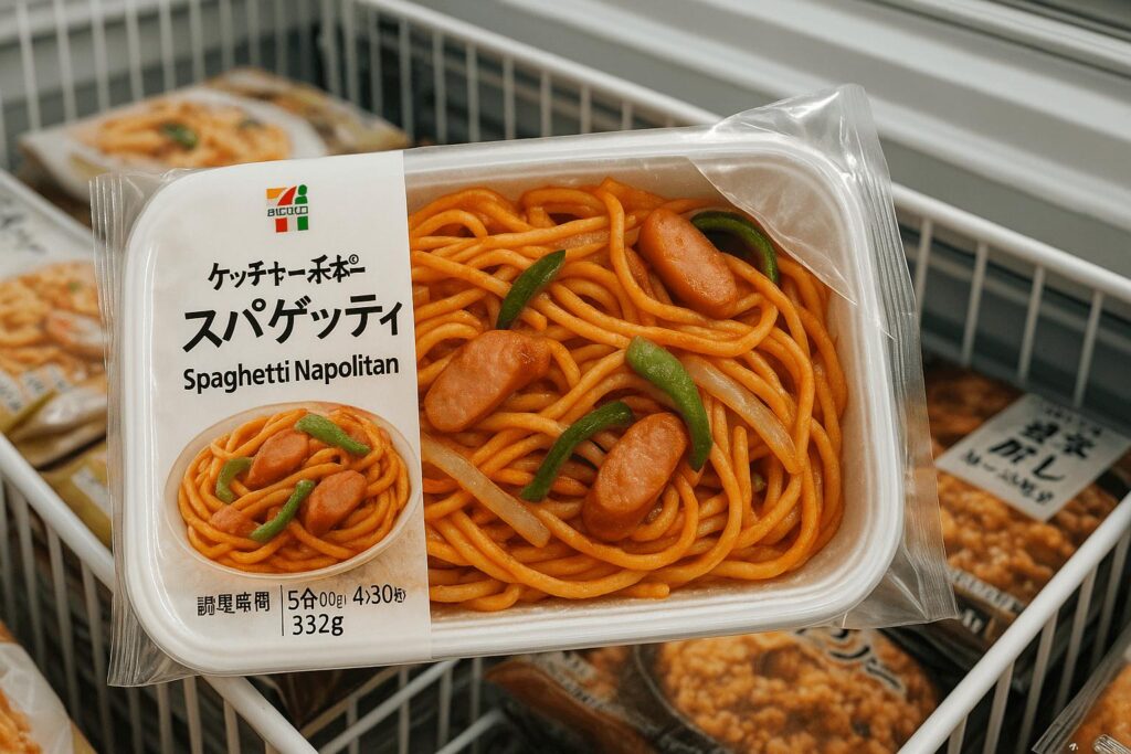 Packaged Spaghetti Napolitan frozen meal with sausages and green peppers in a 7-Eleven freezer
